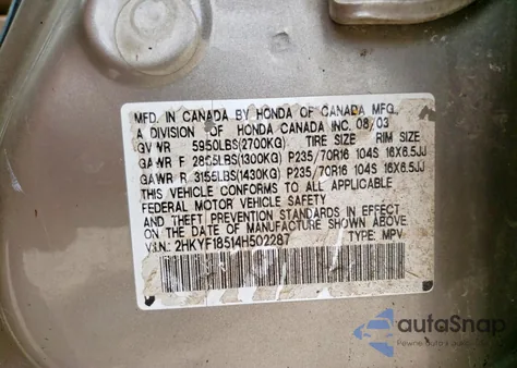 2004 Honda Pilot Exl z USA, uszkodzony, nr VIN 2HKYF18514H502287